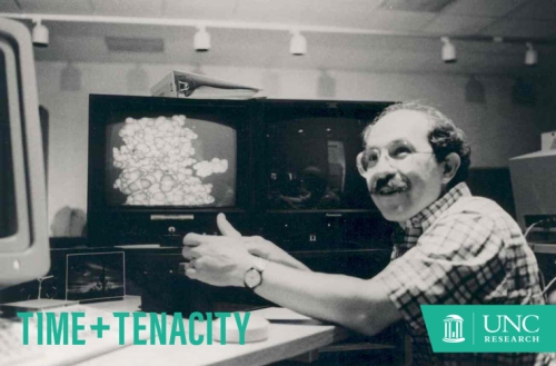 Fuchs pictured in front of the graphics systems, looks very much like an old box computer with two monitors attached to the side.