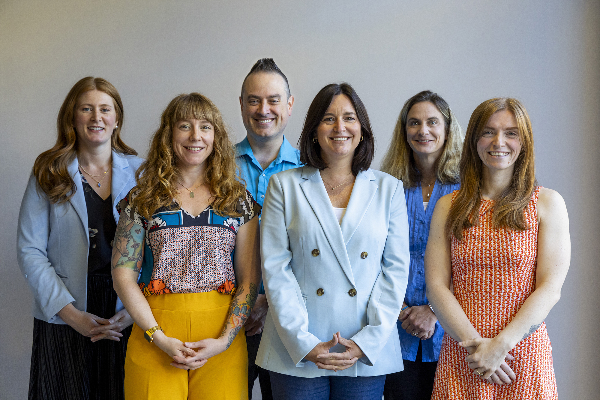 Group photo of the Endeavors team. In order, from left to right, Carleigh Gabryel, Alyssa LaFaro, Darren Abrecht, Layla Dowdy, Megan Mendenhall, and Corina Prassos.