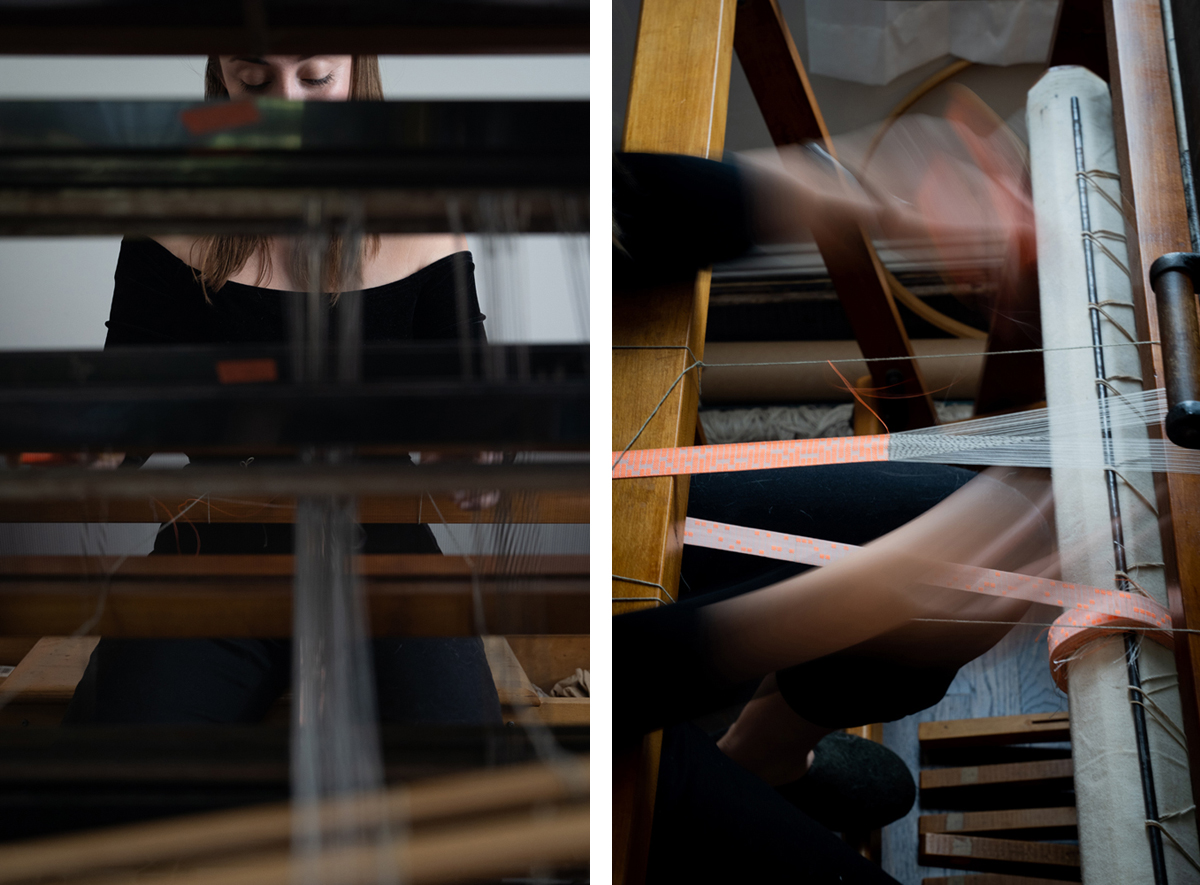 Two photos: On the left, a photo of the young woman seemingly taken from within the loom. On the right, a pair of hands are motion-blurred as they move rapidly over the fabric emerging from the loom.