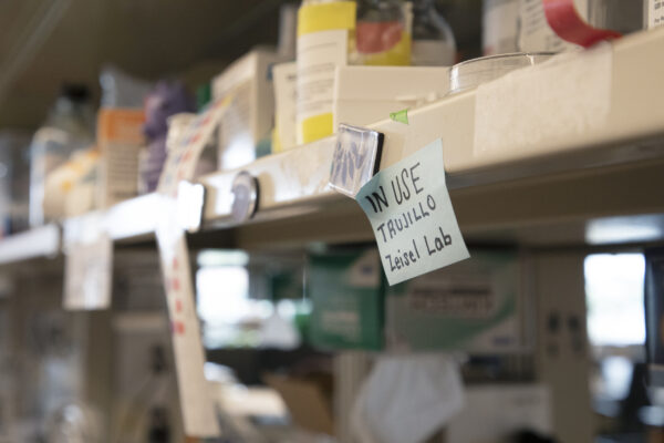 a sticky note that reads "IN USE: Trujillo/Zeisel Lab" on a shelf in the lab
