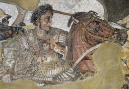 a mosaic of Alexander the Great on his horse in a battle against Persia