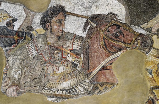 a mosaic of Alexander the Great on his horse in a battle against Persia