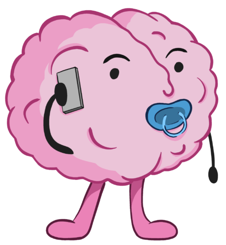 illustration of a brain with a pacifier holding a phone