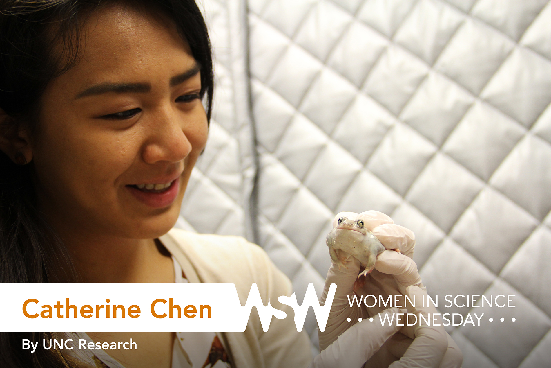 a young female researcher holds a frog