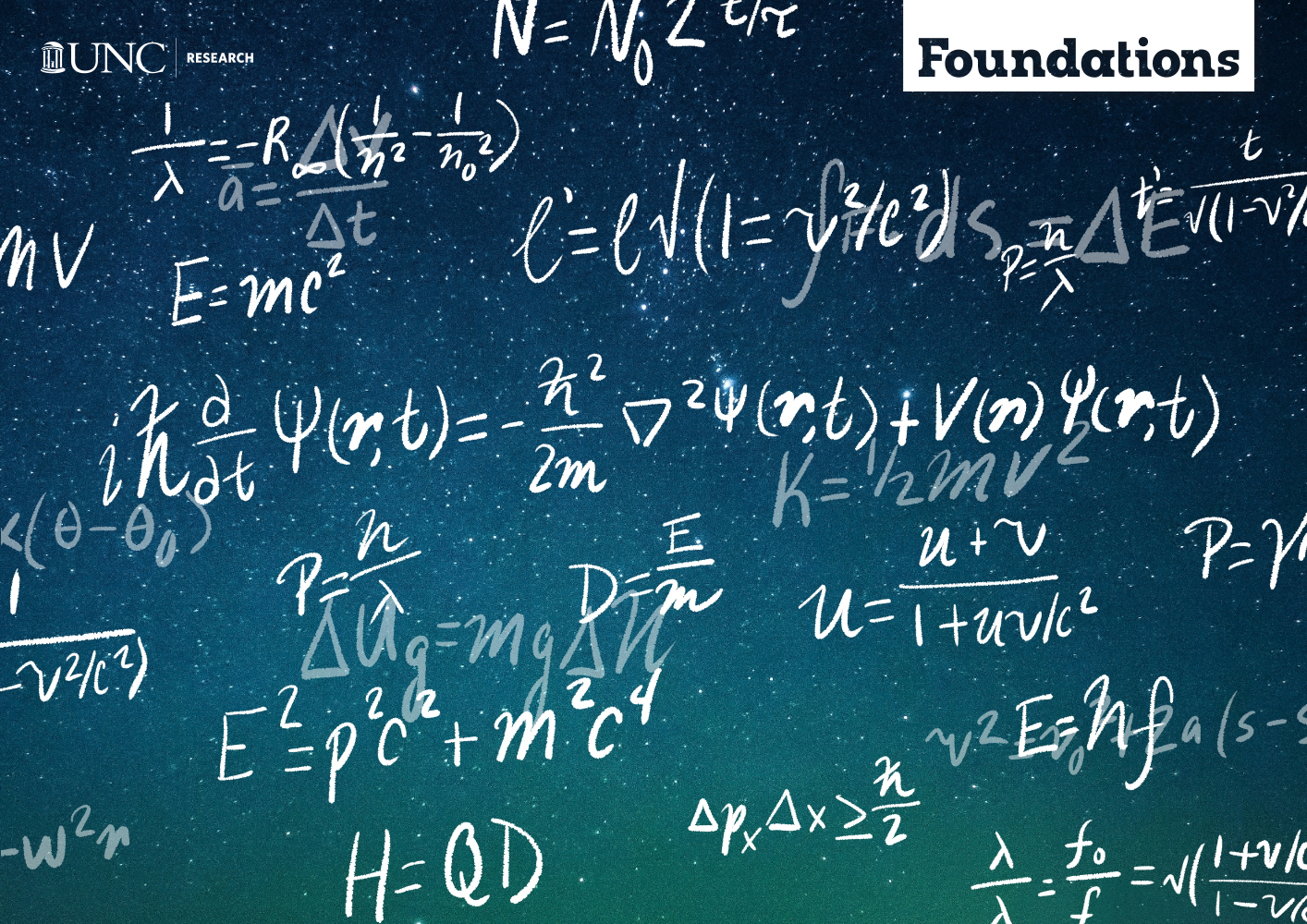 a handful of complex physics equations like E = mc2 on a background of the universe (lots of stars)