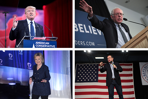 Collage of 2016 presidential candidates: Donald Trump (top left), Bernie Sanders (top right), Hillary Clinton (bottom left), and Ted Cruz (bottom right).