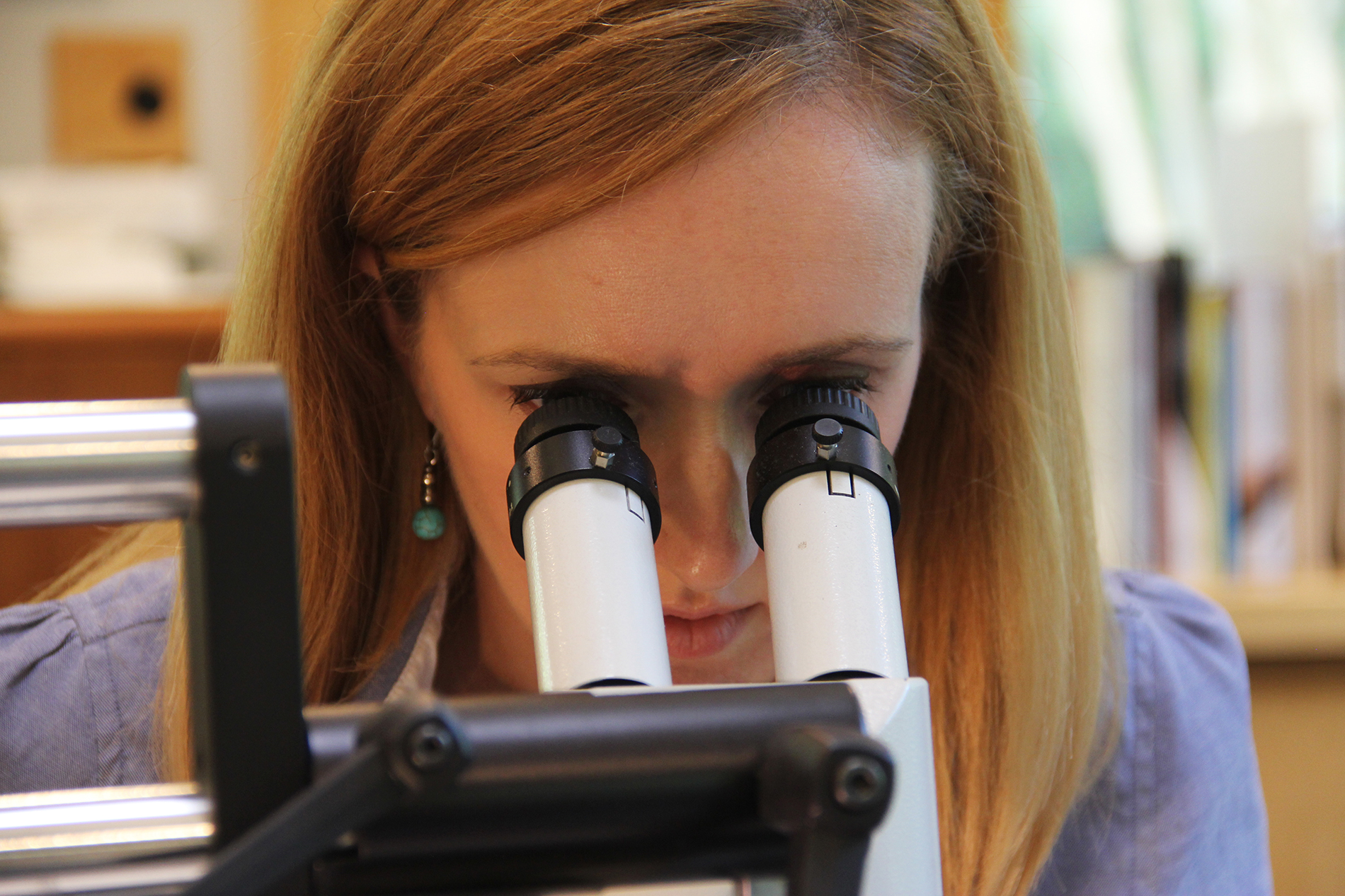 woman looks through a microscope