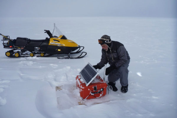 Rial checks on the network of portable seismometers that record sounds produced by Greenland ice as it cracks under the pressure of global warming. “The installation of the network is easy in nice weather,” he says, “but the extreme environment of the High Arctic creates a series of unexpected challenges.”