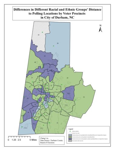 a map of "differences in differen racial and ethnic groups' distance to polling locatiosn by voter precincts in city of durham, nc"