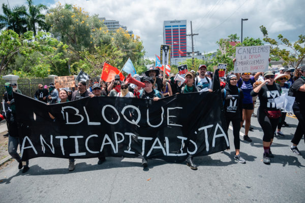 marching May Day protestors in Puerto Rico