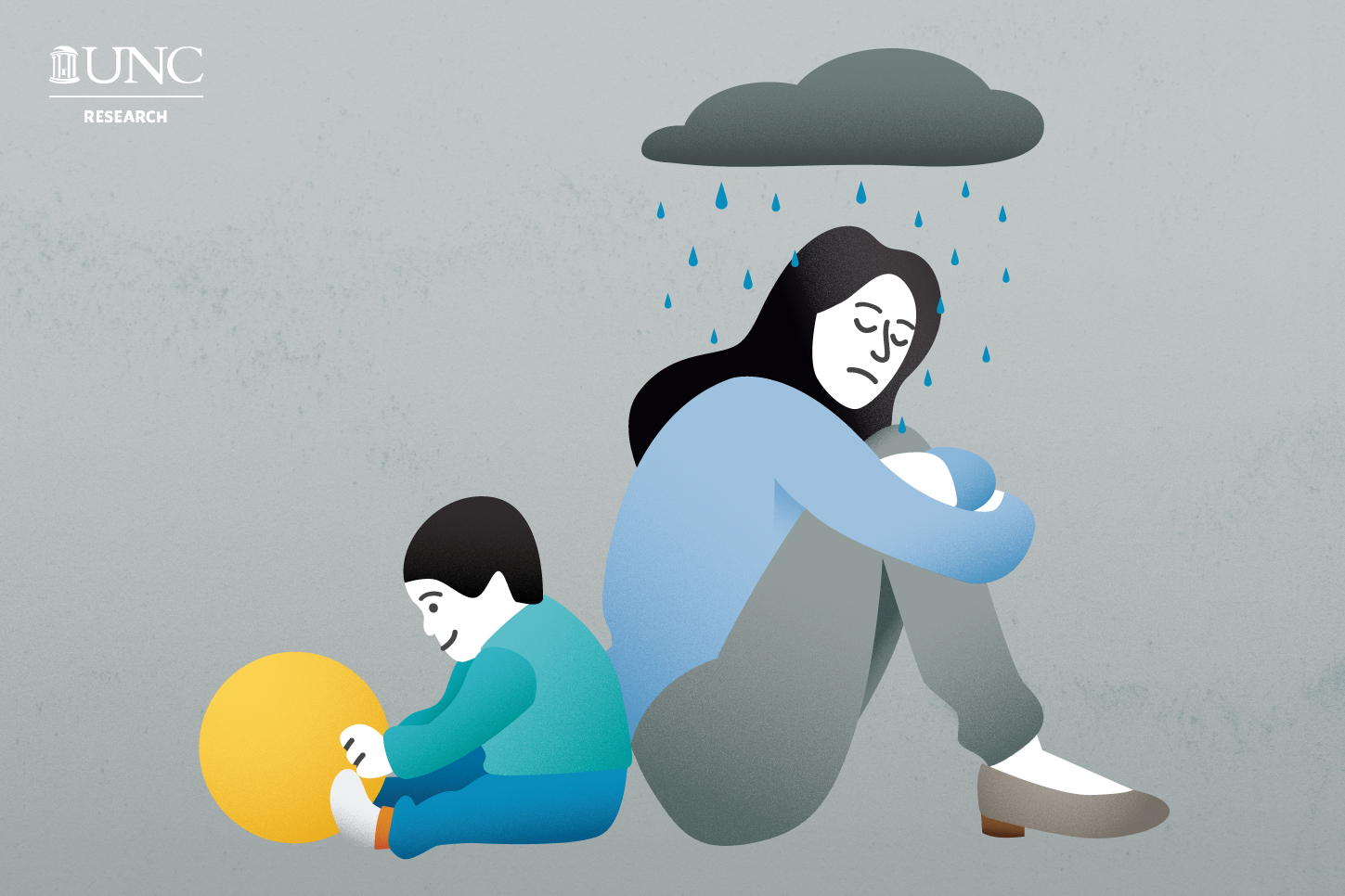 a graphic of a woman with a rain cloud over her head; her back is to a small child playing with a yellow ball