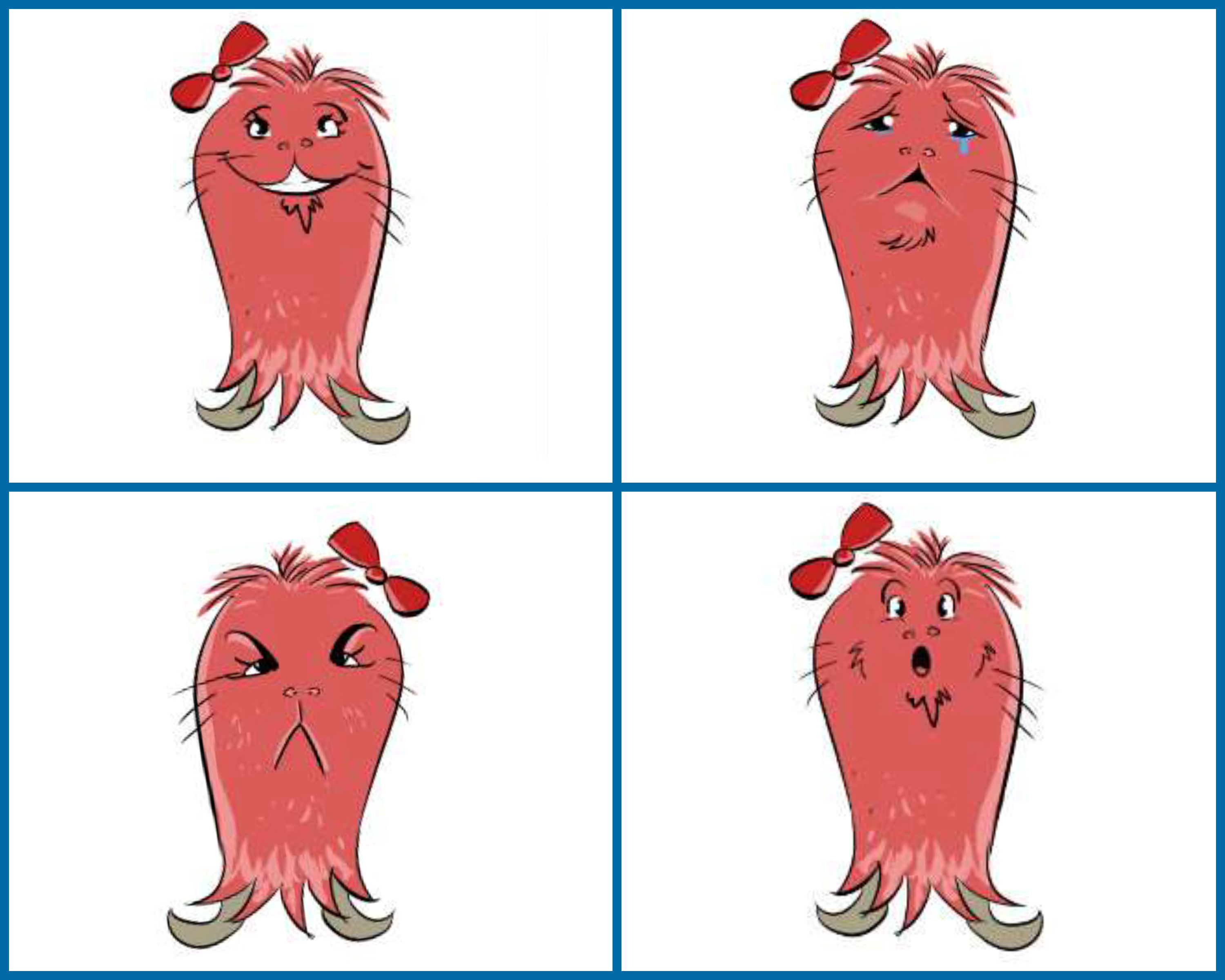 Palooza is a pink, furry alien with a bow on top of their head. Image depicts Palooza showing for human expressions