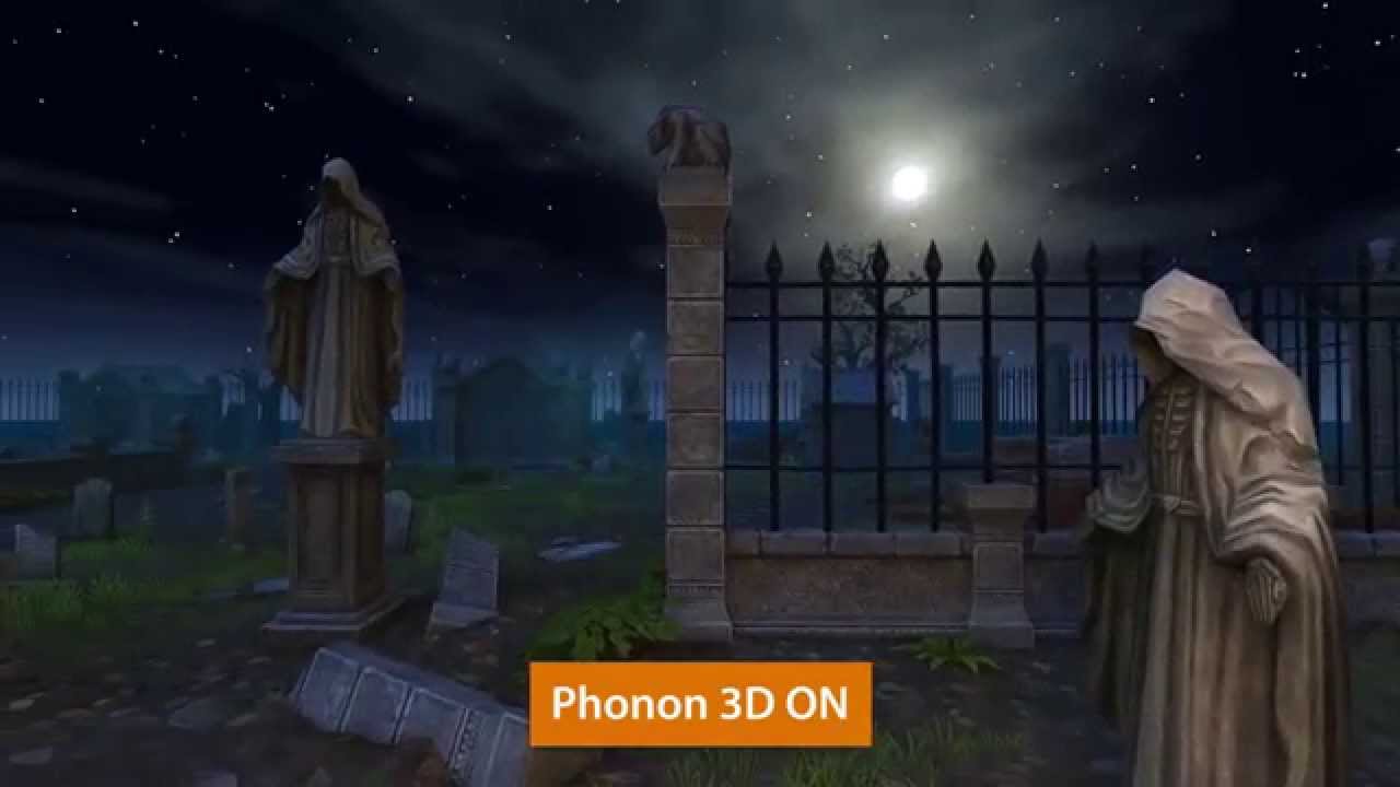 Screen shot from the video, showing an animation of a cemetery with statues and iron gate fence