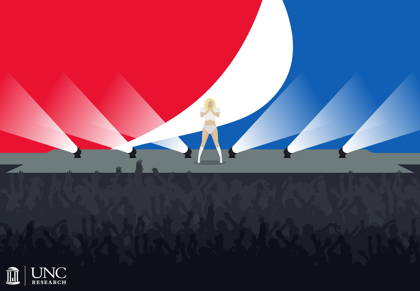 Illustration of Lady Gaga on a stage with an audience and large pepsi logo behind her