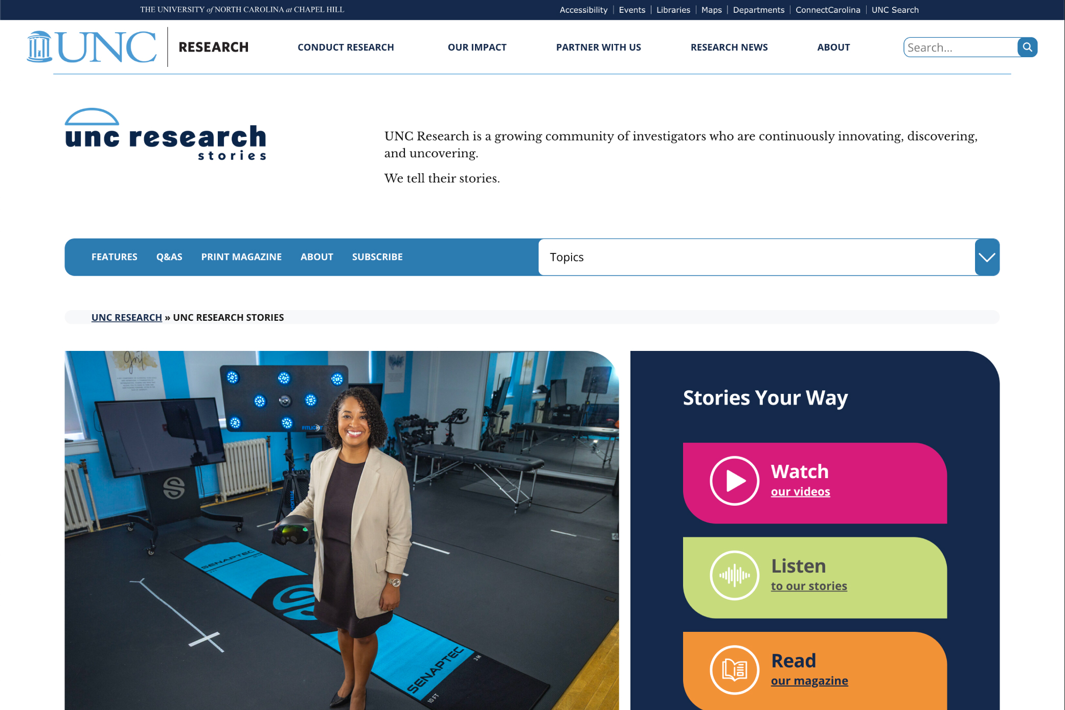 Screen grab of the new UNC Research Stories website.