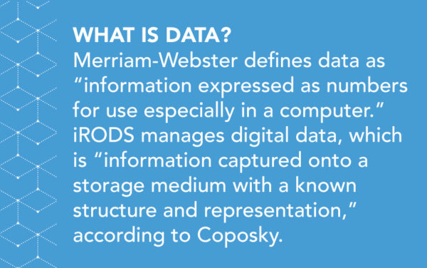 What is Data? Merriam-Webster defines data as “information expressed as numbers for use especially in a computer.” iRODS manages digital data, which is “information captured onto a storage medium with a known structure and representation,” according to Coposky. 