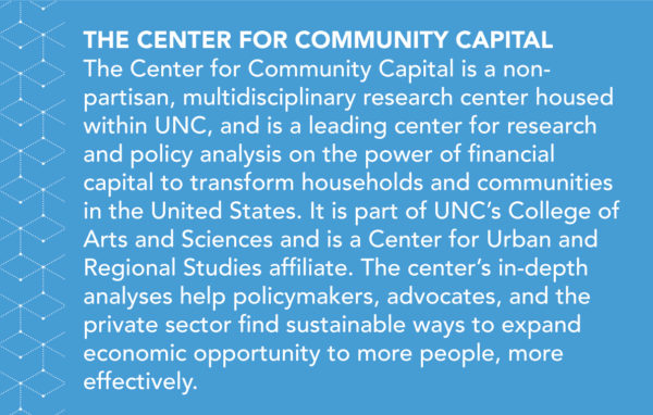 The Center for Community Capital is a non-partisan, multidisciplinary research center housed within UNC, and is a leading center for research and policy analysis on the power of financial capital to transform households and communities in the United States. It is part of UNC’s College of Arts and Sciences and is a Center for Urban and Regional Studies affiliate. The center’s in-depth analyses help policymakers, advocates, and the private sector find sustainable ways to expand economic opportunity to more people, more effectively.