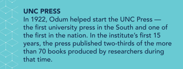 UNC Press: In 1922, Odum helped start the UNC Press — the first university press in the South and one of the first in the nation. In the institute’s first 15 years, the press published two-thirds of the more than 70 books produced by researchers during that time.