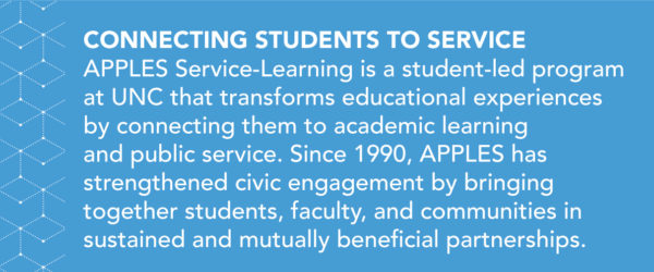 APPLES Service-Learning is a student-led program at UNC that transforms educational experiences by connecting them to academic learning and public service. Since 1990, APPLES has strengthened civic engagement by bringing together students, faculty, and communities in sustained and mutually beneficial partnerships.