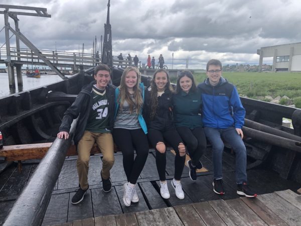 Kate Richardson with four friends on an old viking ship