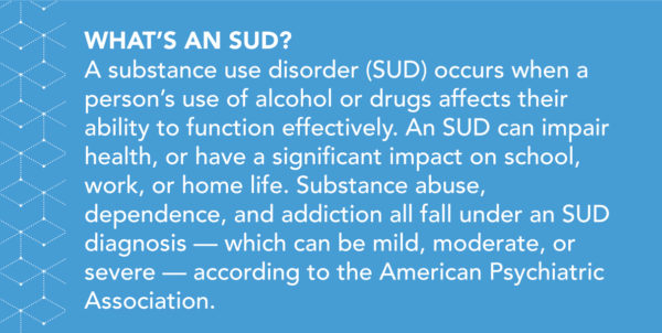 What's an SUD? A substance use disorder (SUD) occurs when a person’s use of alcohol or drugs affects their ability to function effectively. An SUD can impair health, or have a significant impact on school, work, or home life. Substance abuse, dependence, and addiction all fall under an SUD diagnosis — which can be mild, moderate, or severe — according to the American Psychiatric Association. 