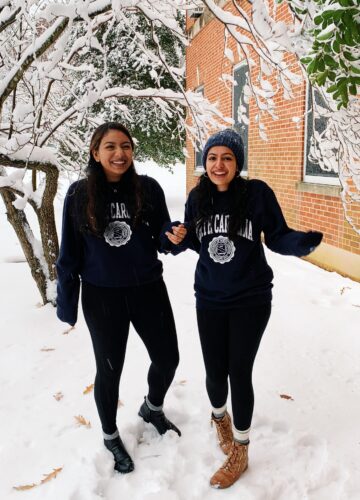 Divya Narayanam and her roomate in the snow