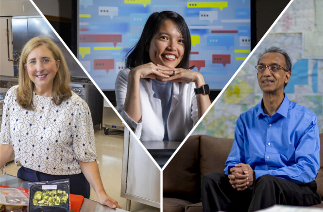 a collage of 3 portraits: a woman in a kitchen with chopped up vegetables, a woman at a desk in front of a screen covered in word bubbles, and a man on a couch with a bunch of maps on the wall behind him