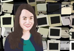 an illustration of Alice Marwick with a bunch of old computers behind her