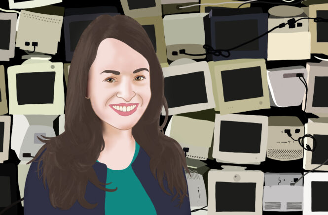an illustration of Alice Marwick with a bunch of old computers behind her