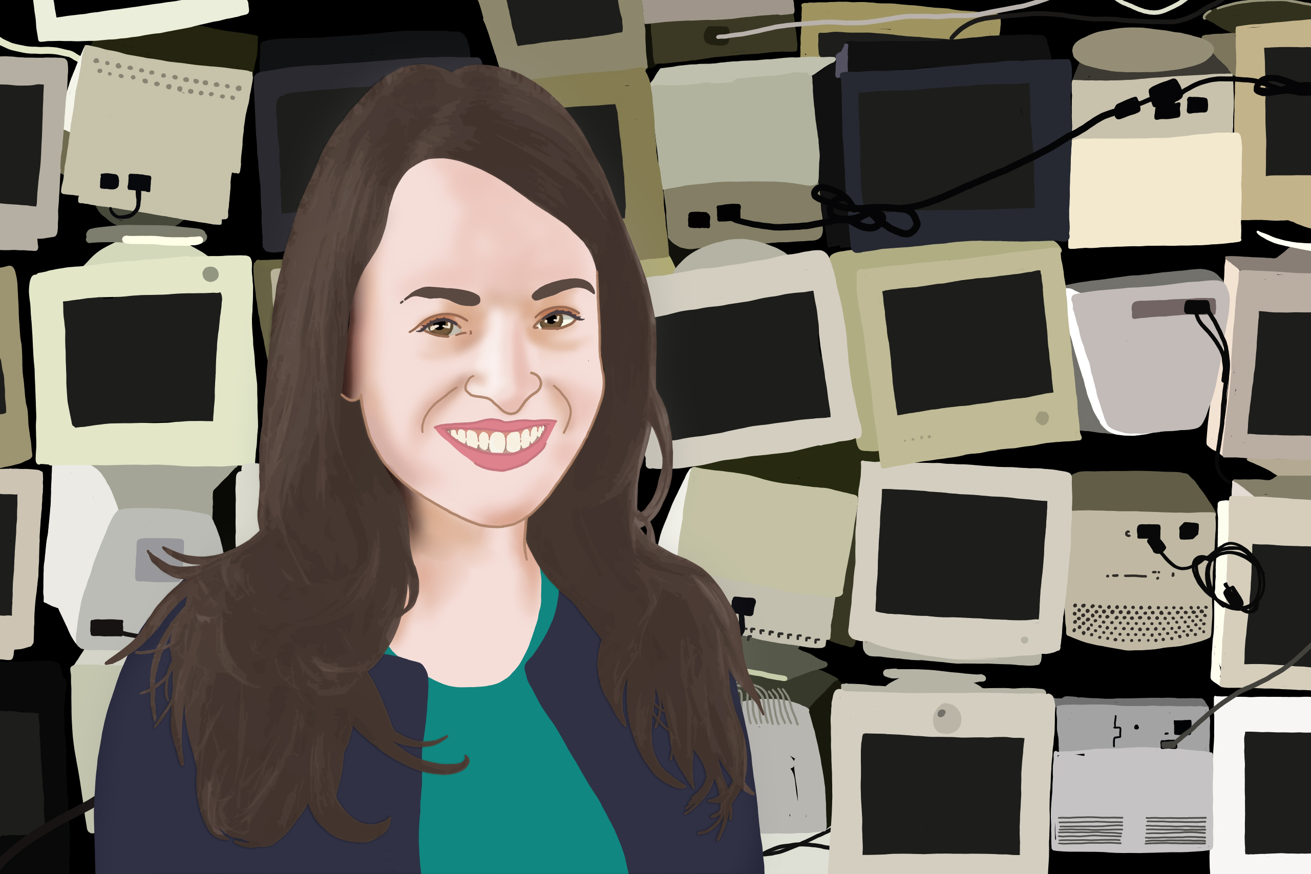 an illustration of Alice Marwick with a bunch of old computers behind her