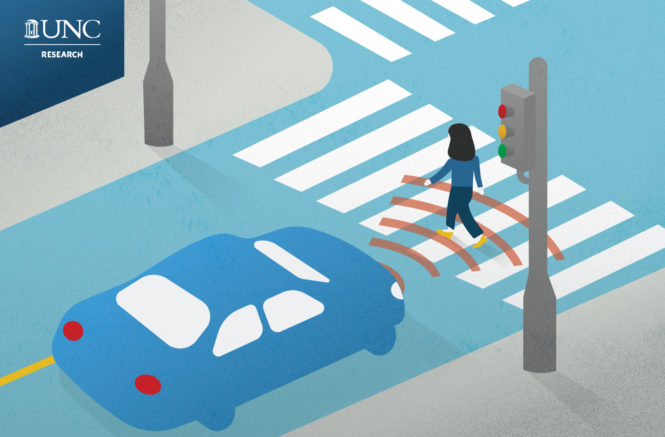 graphic of a woman crossing a crosswalk and an autonomous vehicle "sensing" her as she walks past