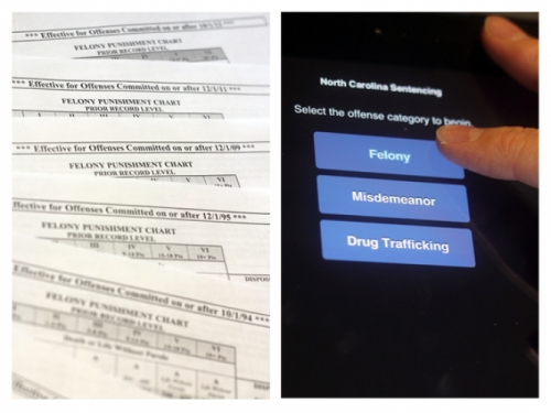 Split screen photo: left side shows multiple Felony Punishment Chart papers fanned out. Right right shows someone tapping a touch screen that says "Select the offense category to begin. Felony, Misdemeanor, or Drug Trafficking" and the user is selecting "Felony"