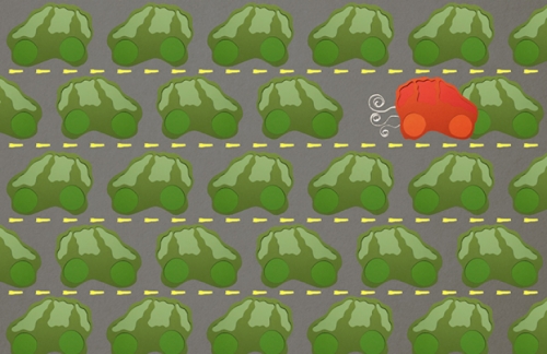 Illustration of a red car attacking/running into a green car