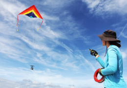 Elsemarie deVries flies a kite out on the beach with a camera attached to conduct an aerial survey