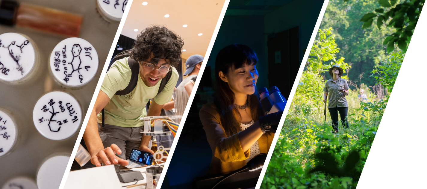 Banner for endeavors with multiple images. First image shows the tops of prescription bottles. Second is a student reaching out to touch a piece of technology, their mouth open in surprise. Third of a researcher smiling, as they use a microscope in a dark room. Fourth is a researcher outside, looking up, surrounded by a forest of green trees.