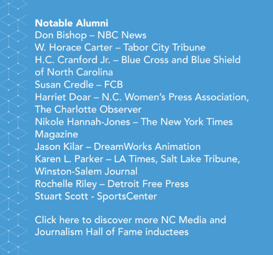 Side-bar in blue, that states: Notable Alumni, Don Bishop (NBS News), W. Horace Carter (Tabor City Tribune), H.C. Cranford Jr. (Blue Cross and Blue Shield of North Carolina), Susan Credle (FCB), Harriet Doar (N.C. Women's Press Association, The Charlotte Observer, Nicole Hannah-Jones (The New York Times Magazine), Jason Kilar (DreamWorks Animation), Karen L. Parker (LA Times, Salt Lake Tribune, Winston-Salem Journal), Rochelle Riley (Detroit Free Press), and Stuart Scott (SportsCenter). Click here to discover more successful alumni.