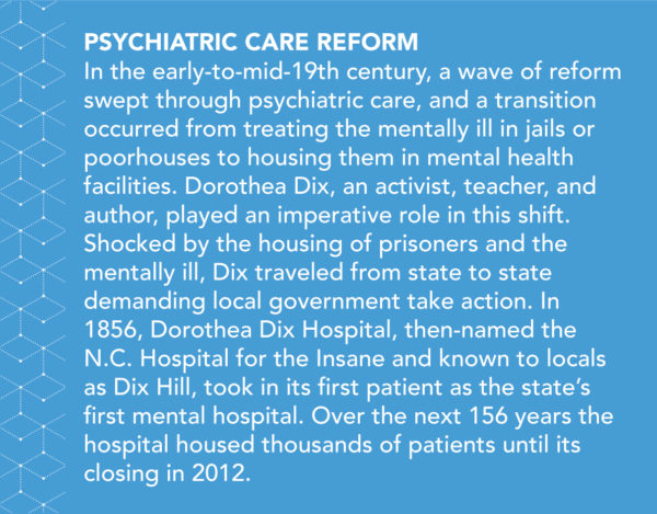 In the early-to-mid-19th century, a wave of reform swept through psychiatric care, and a transition occurred from treating the mentally ill in jails or poorhouses to housing them in mental health facilities. Dorothea Dix, an activist, teacher, and author, played an imperative role in this shift. Shocked by the housing of prisoners and the mentally ill, Dix traveled from state to state demanding local government take action. In 1856, Dorothea Dix Hospital, then-named the N.C. Hospital for the Insane and known to locals as Dix Hill, took in its first patient as the state’s first mental hospital. Over the next 156 years the hospital housed thousands of patients until its closing in 2012.