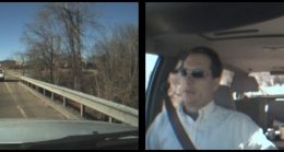 Split photos: Left shows a dashcam view; looking at from the from of the car at the road and the backend of the car in front. Right image shows a young teen driving with her father.