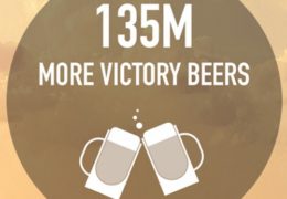 Graphic of a circle with "135M More Victory Beers" and two beers cheering in the middle.