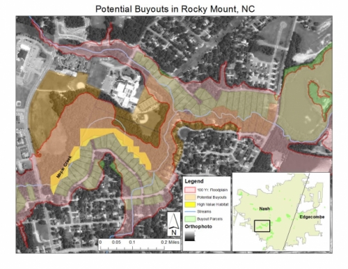 Overview map displaying the Rocky Mount properties after Hurricane Floyd and where the floodplains were during that flood. Many of the new developments are in the floodplains.