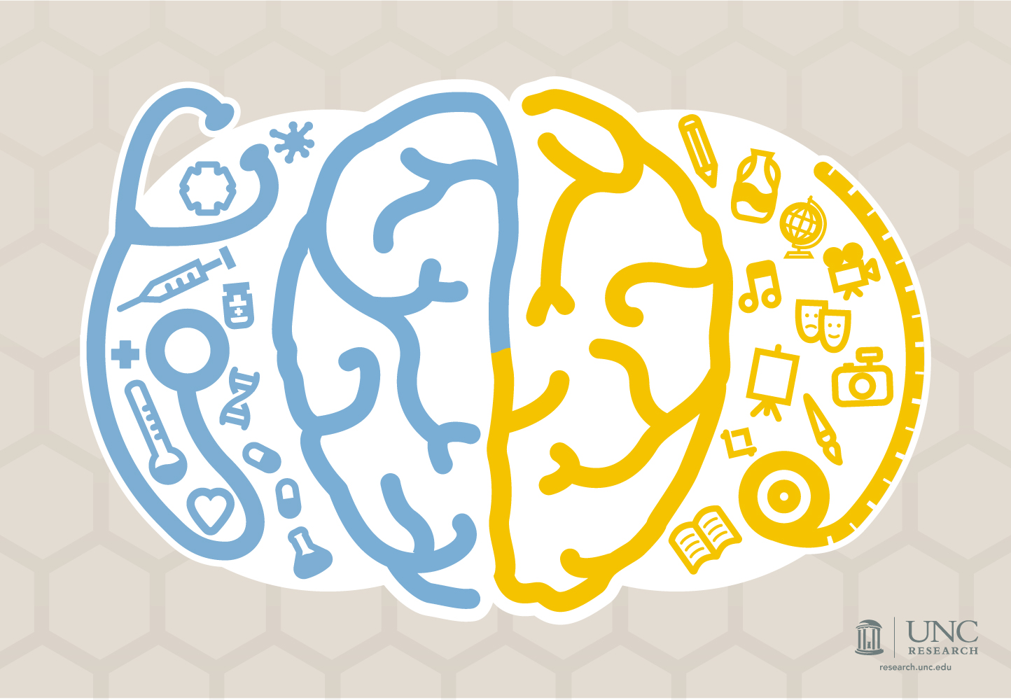 Illustration of a brain with multiple icons. The right side represents the arts and the left side represents medical science.