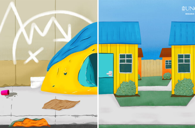 an illustration of a homeless environment on the left and a home environment on the right