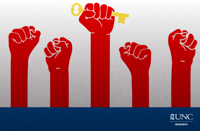 a graphic of five red hands making fists in the air; the middle hand holds a key