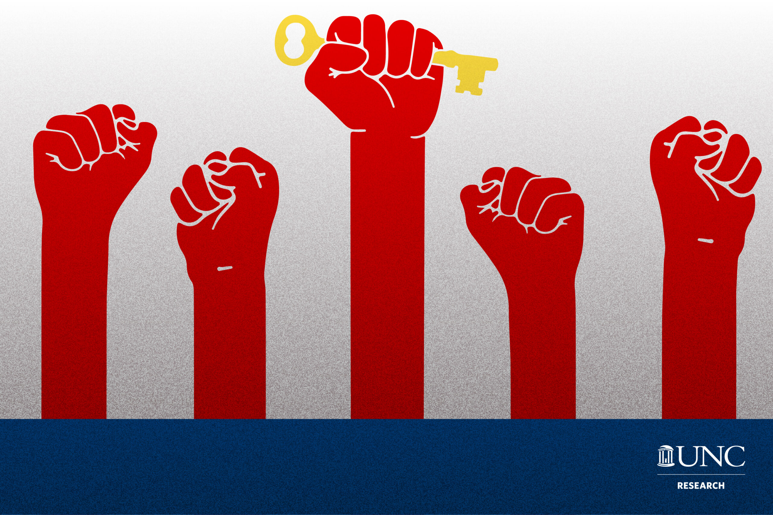 a graphic of five red hands making fists in the air; the middle hand holds a key