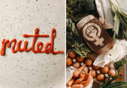 On the left, red frosting spells out the word "muted" on speckled table; on the right, a loaf of bread is dusted with flour, making a design of a raised fist inside the female symbol