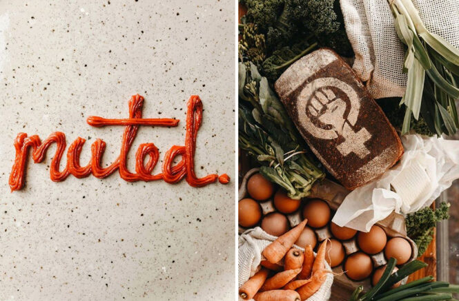 On the left, red frosting spells out the word "muted" on speckled table; on the right, a loaf of bread is dusted with flour, making a design of a raised fist inside the female symbol