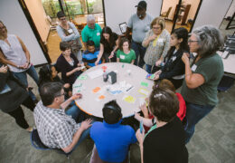 Carolina Textile District members gather around a table