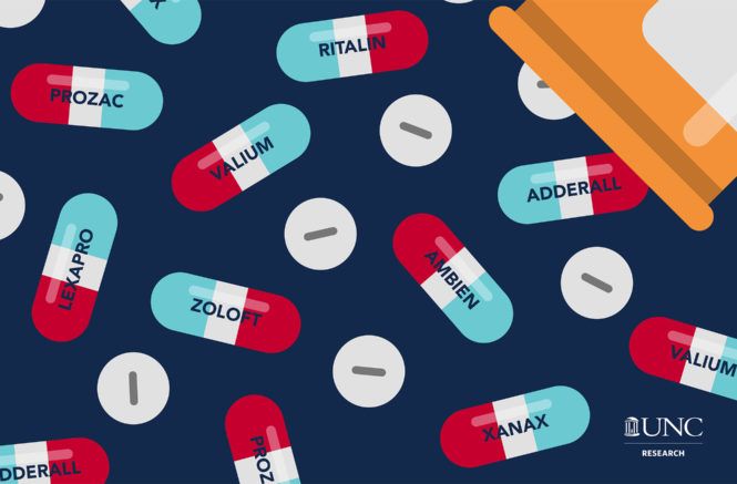 graphic of red-white-and-blue pills that say vallium, zoloft, prozac, xanax, ritalin, adderall