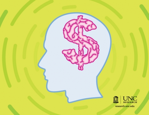 Illustration of a silhouette of a head with a brain in the shape of a money sign in it.