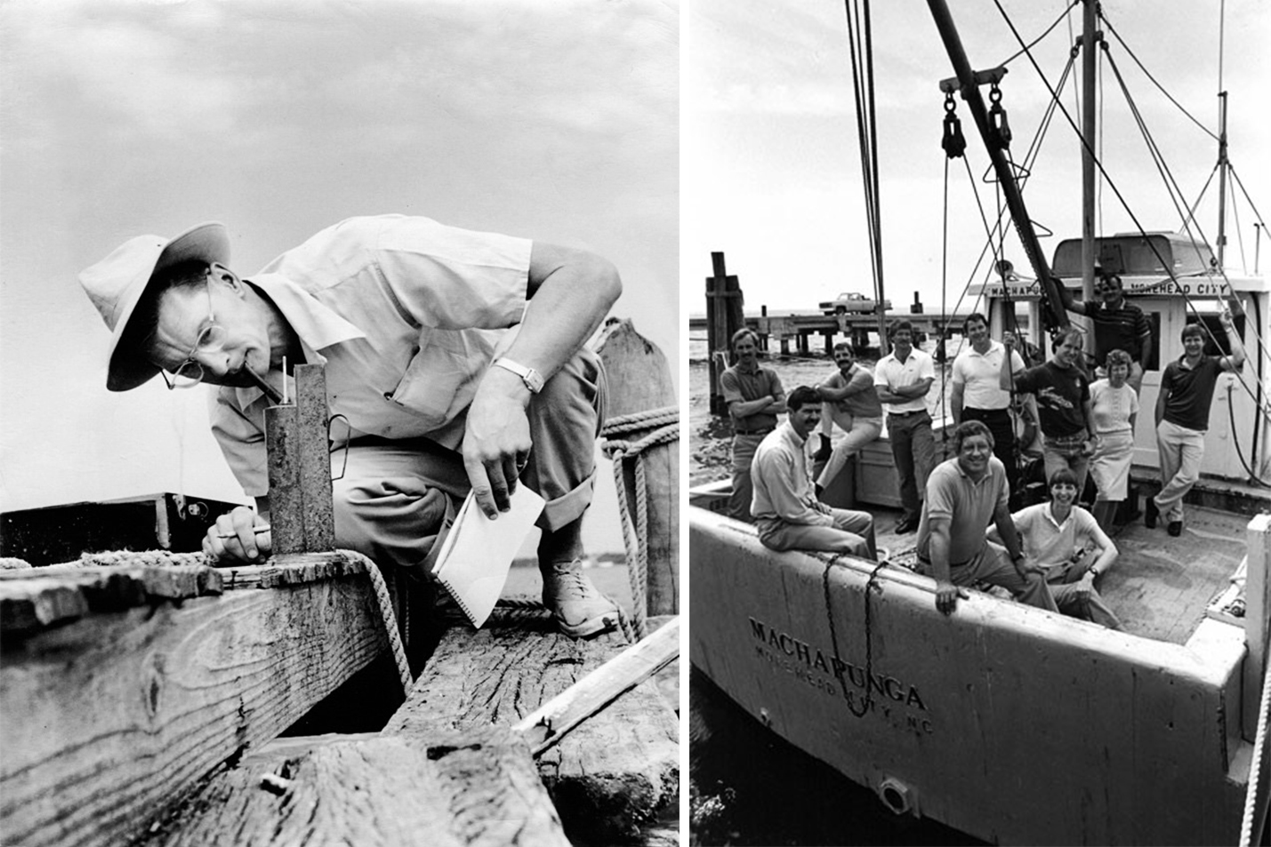 a black and white photo of a man leaning taking measurements from a dock and a black and white photo of a bunch of people on the back of a big fishing boat